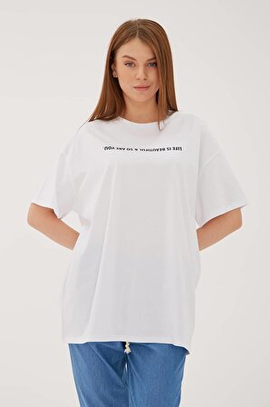 Oversize Baskılı T-Shirt Beyaz / White