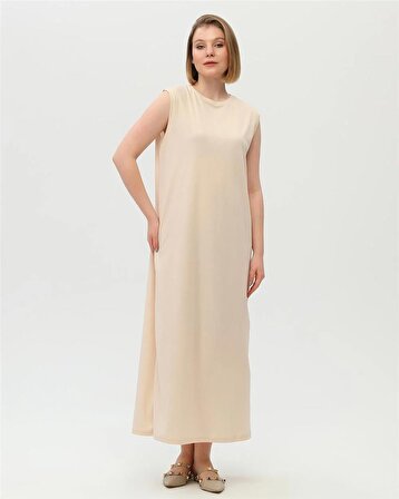 Defile İçlik Sade Basic Kolsuz Elbise - 6041 - Krem