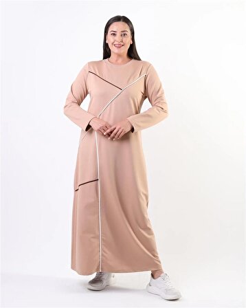 Zozo Renkli Şerit Geçişli Sade Basic Büyük Beden Spor Elbise - 12021 - Bej