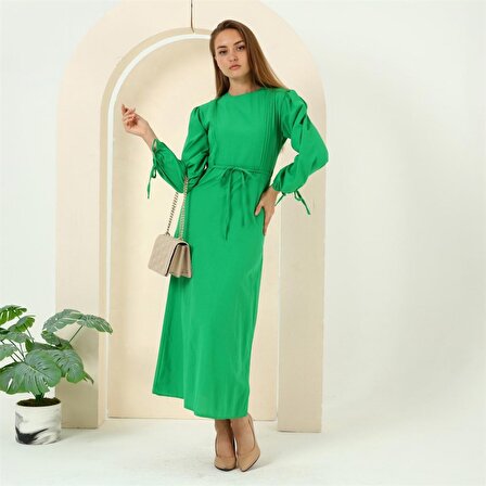 Nervür Detaylı Belden Bağlamalı Uzun Tesettür Elbise - 70044 - Yeşil