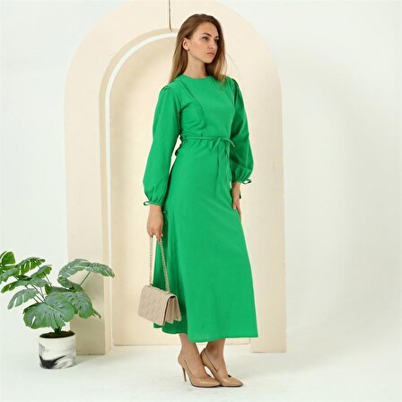 Nervür Detaylı Belden Bağlamalı Uzun Tesettür Elbise - 70044 - Yeşil