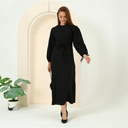 Nervür Detaylı Belden Bağlamalı Uzun Tesettür Elbise - 70044 - Siyah