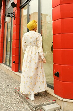 Ritim Çiçek Desenli Keten Elbise - 71100 - Sarı