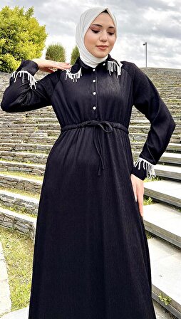 Silvia Bürümcük İncili Tesettür Elbise - 71108 - Siyah