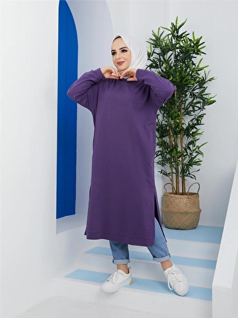 Atlas Kapşonlu Uzun Sade Basic Sweatshirt - 3007 - Mor