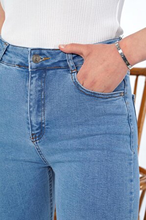 Yüksek Bel İspanyol Paça Mavi Jean Kot Pantolon