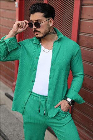 Erkek Fitilli Kabartmalı Oversize Gömlek Yeşil