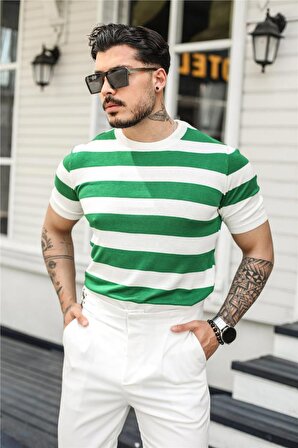 Erkek Yan Çizgili Slim Fit T-Shirt Yeşil
