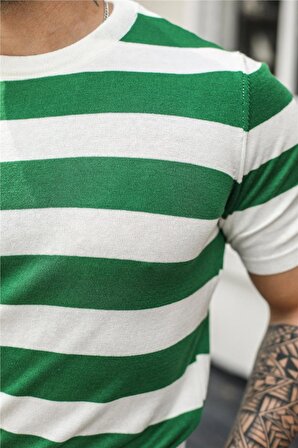 Erkek Yan Çizgili Slim Fit T-Shirt Yeşil