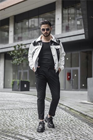 Erkek Vintage Fit Deri Ceket Beyaz-Siyah