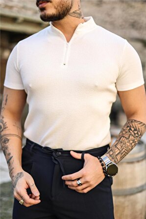 Erkek Slim Fit Fermuarlı Fitilii T-Shirt Beyaz