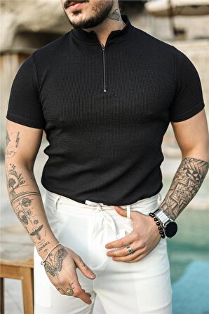 Erkek Slim Fit Fermuarlı Fitilii T-Shirt Siyah