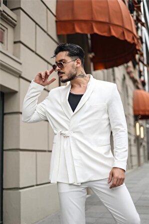 Erkek Kuşaklı Klasik Relax Fit Ceket Beyaz
