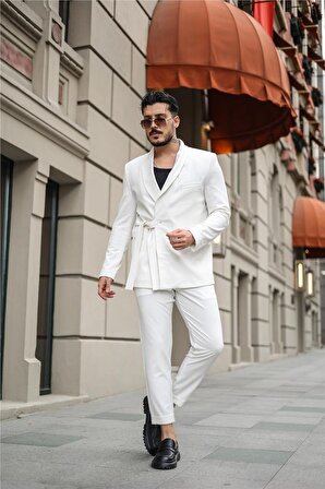 Erkek Kuşaklı Klasik Relax Fit Ceket Beyaz