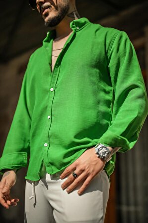 Erkek Keten Beyaz Düğmeli Oversize Gömlek Yeşil