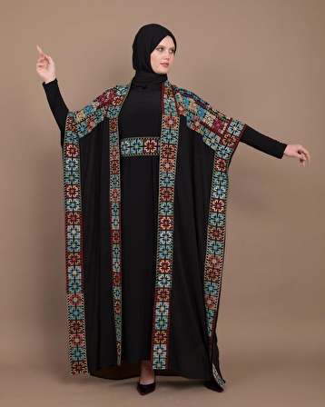 Geniş Kollu Oversize Kalıplı Geleneksel Kalın Nakışlı Kadın Abaya Freesize C100013