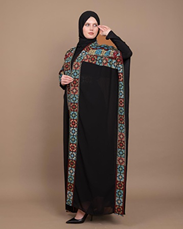 Geniş Kollu Oversize Kalıplı Geleneksel Kalın Nakışlı Kadın Abaya Freesize C100013