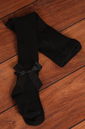 Kız Bebek ve Çocuk %100 Pamuklu Fiyonk Detay Külotlu Çorap Siyah 