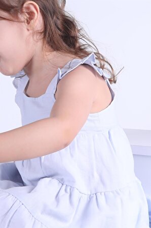 Pamuklu Kumaş Kat Kat Kız Çocuk Elbise Toka Aksesuarlı Mavi