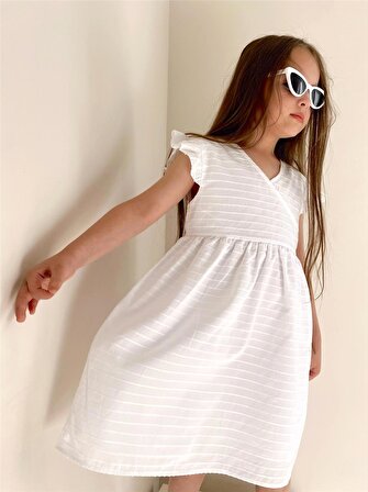 Kruvaze Kısa Kol Beyaz Kız Çocuk Elbise