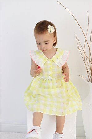 Ekose Desen Yakası Fırfırlı Kız Bebek Elbise Sarı