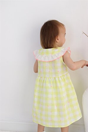 Ekose Desen Yakası Fırfırlı Kız Bebek Elbise Sarı