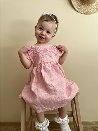 Keten Yakası Nakışlı İşlemeli Kısa Kol Kız Bebek Elbise Pembe