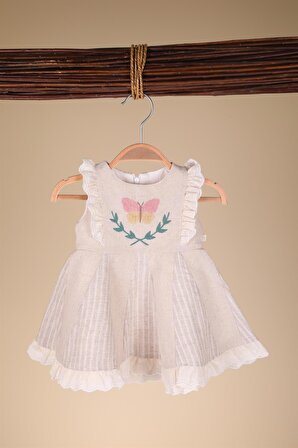 Kelebek Nakışlı Keten Kız Bebek Elbise Çantalı
