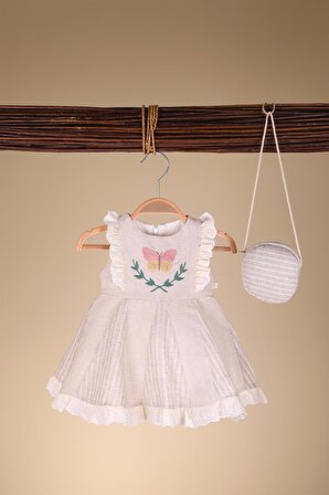 Kelebek Nakışlı Keten Kız Bebek Elbise Çantalı