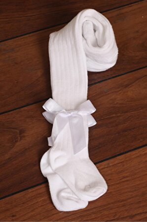 Kız Bebek ve Çocuk %100 Pamuklu Fiyonk Detay Külotlu Çorap  Beyaz 