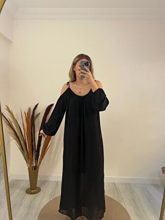 Omuz Detay Siyah Uzun Elbise