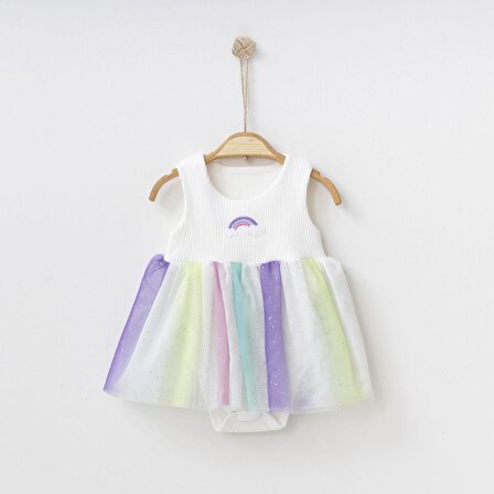 Baran Bebe Gökkuşağı Baskılı Kız Bebek Elbise-%100 Pamuk