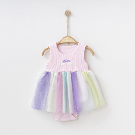 Baran Bebe Gökkuşağı Baskılı Kız Bebek Elbise-%100 Pamuk