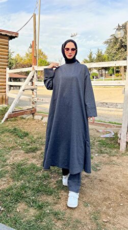 O Yaka Yırtmançlı Uzun Geniş Rahat Tunik Pantolon Sade Basic Spor Takımı - 3040 - Antrasit