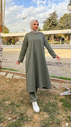 O Yaka Yırtmançlı Uzun Geniş Rahat Tunik Pantolon Sade Basic Spor Takımı - 3040 - Haki