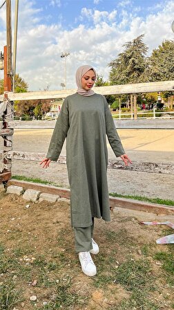 O Yaka Yırtmançlı Uzun Geniş Rahat Tunik Pantolon Sade Basic Spor Takımı - 3040 - Haki