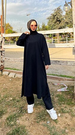 O Yaka Yırtmançlı Uzun Geniş Rahat Tunik Pantolon Sade Basic Spor Takımı - 3040 - Siyah