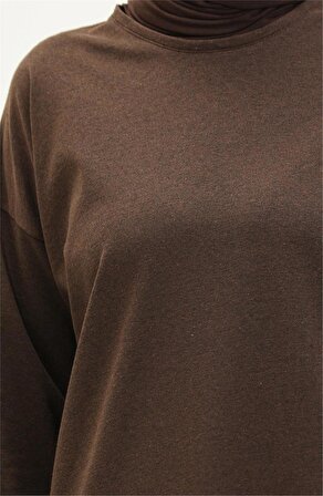 O Yaka Yırtmançlı Uzun Geniş Rahat Tunik Pantolon Sade Basic Spor Takımı - 03040 - Kahverengi