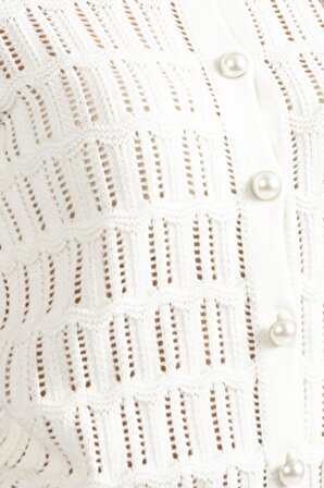 RTD&VLD Kadın Polo Yaka İnci Düğmeli Kısa Kollu Triko Bluz Beyaz