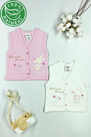 Miniel Kız Bebek Kanaviçe Tavşan Nakışlı Organik Pamuklu 3-6-9 Ay 2Li Penye Bebek Yelek - PEMBE