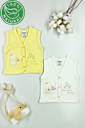 Miniel Kız Bebek Çiçekli Tavşan Nakışlı Organik Pamuklu 3-6-9 Ay 2Li Penye Bebek Yelek - SARI