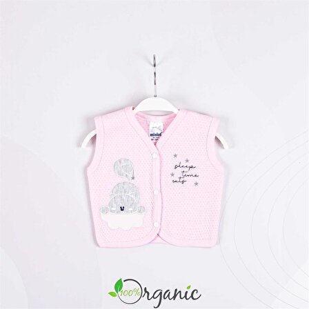 Miniel Kız Bebek Yıldızlı Kedi Nakışlı Organik Pamuklu 1-3-6-9 Ay Kapitone Bebek Yelek - PEMBE