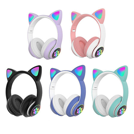Led Işıklı Kedi Kulaklı Kulak Üstü Kablosuz Bluetooth Kulaklık Mikrofonlu Hafız Kart Giriş