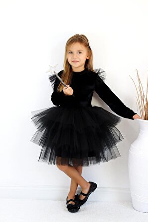 Kız Çocuk Pearly Siyah Uzun Kollu Kadife Tüllü Tütü Yılbaşı Düğün Doğum Günü Parti Elbisesi