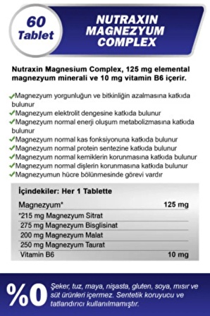 Magnezyum Complex 60 Tablet 125 Mg - Bisiglinat - Taurat - Malat - Sitrat - B6 8680512632108 X2