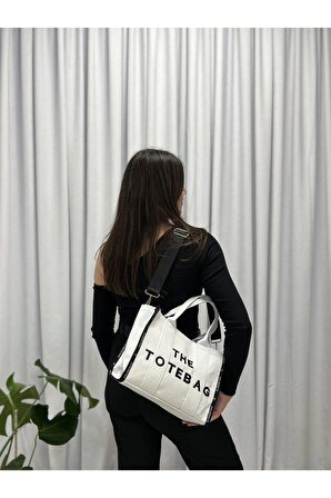 Kadın Beyaz Tote Bag Kanvas Uzun Askılı Çanta Büyük Omuz Çantası