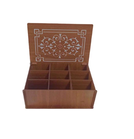 Koklea Home Ahşap Çay Kutusu (Ceviz) 9 Bölmeli Kapaklı Aksesua ve Poşet Bitki Çayı Saklama Kabı Tea Box