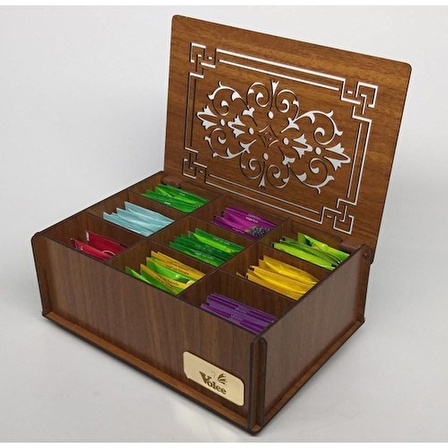 Ahşap Ceviz Renk Çay Kutusu 9 Bölmeli Kapaklı  Poşet Bitki Çayı Saklama Kabı Tea Box ( Çaylar Dahil)