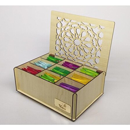 Ahşap Akça Renk Çay Kutusu 9 Bölmeli Kapaklı  Poşet Bitki Çayı Saklama Kabı Tea Box ( Çaylar Dahil)