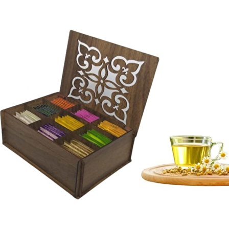 Ankaflex Ahşap Gediz Renk Çay Kutusu 9 Bölmeli Kapaklı Bitki Çayı Saklama Kabı ( Çaylar Dahil) Tea Box